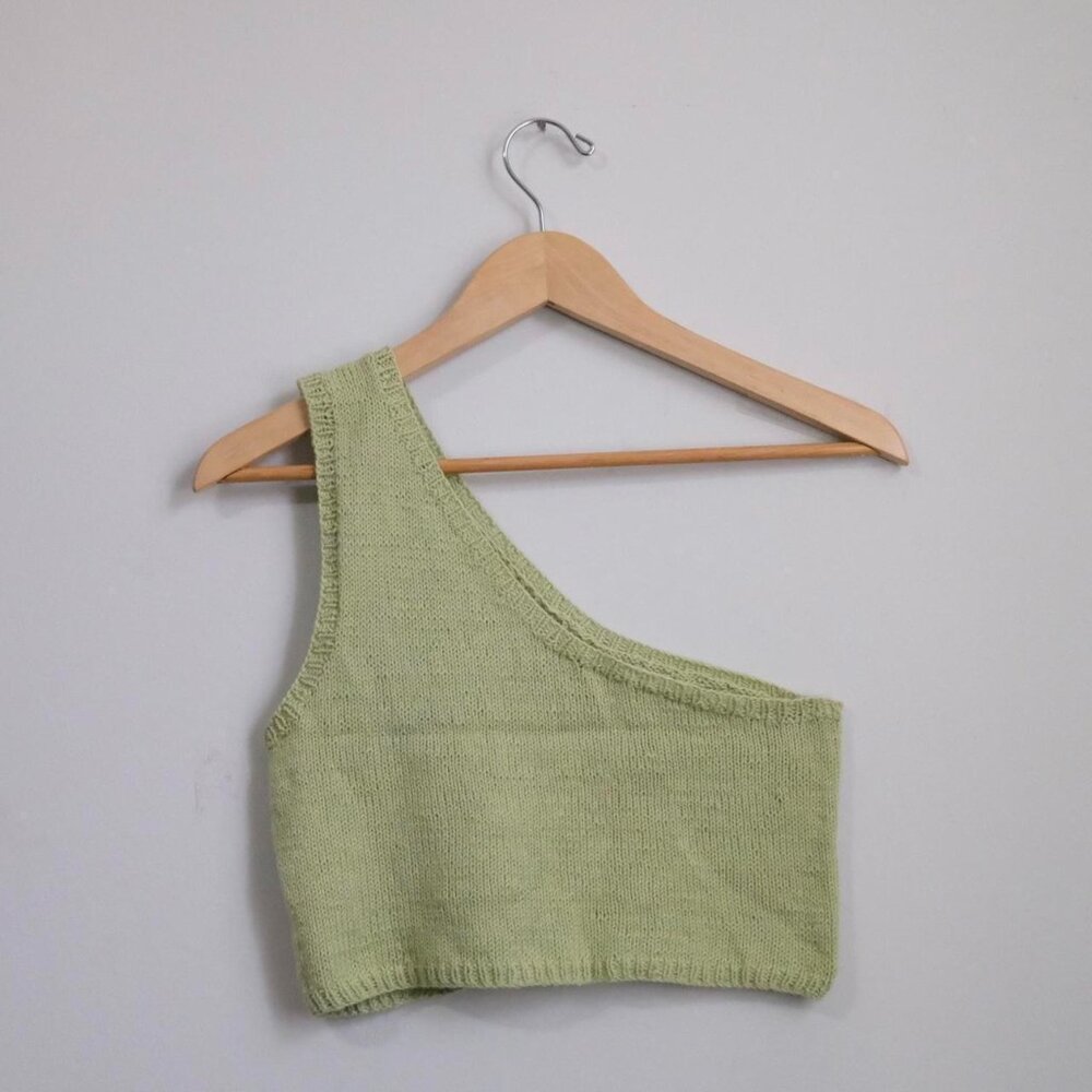 Hand knit light green asymmetrical crop top size S